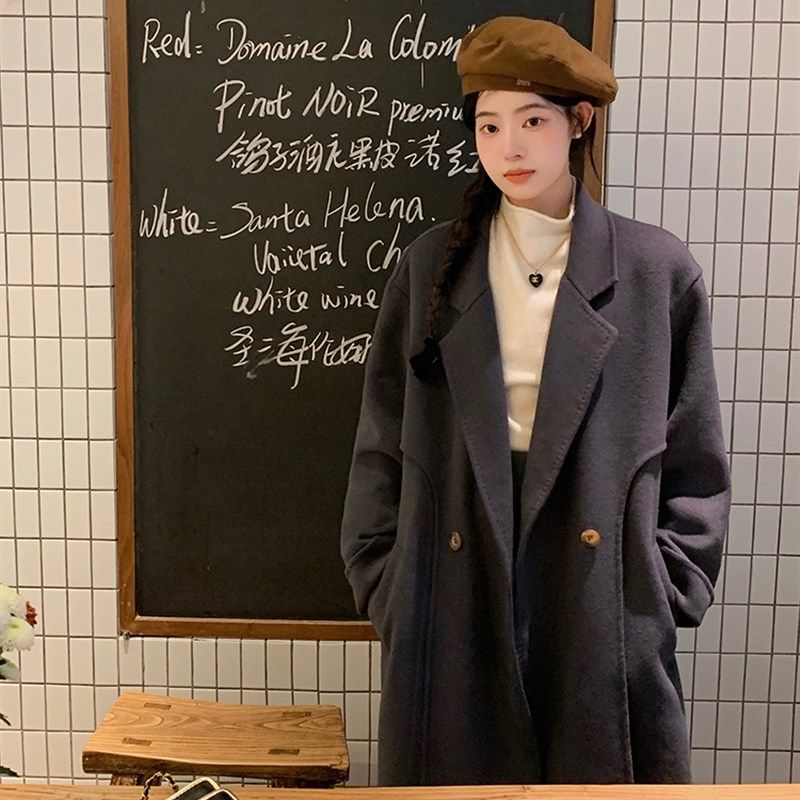 迟伞伞 清潭洞 拱针处理炭灰色羊毛手工双面呢大衣外套女冬