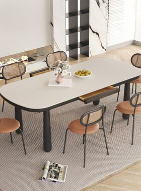 国闽复古奶油风餐桌椅现代法式侘寂风长方形岩板餐桌