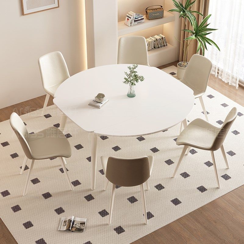 雅居轩奶油风伸缩岩板餐桌椅小户型方圆两用现代白色饭桌,住宅家具,岩板餐桌,淘宝优惠券,粉丝福利购,淘宝优惠卷