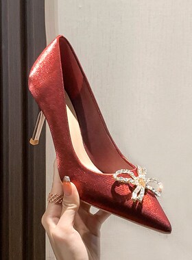 32 33小码红色m高跟鞋女细跟尖头水钻新娘婚鞋大码时尚中式单鞋女