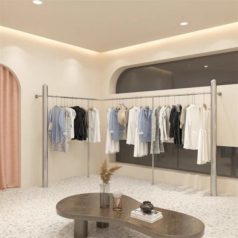 加厚不锈b钢服装店专用展示架镜面上墙陈列架女装店挂衣架高档货