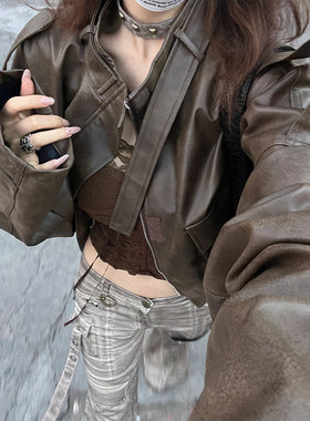 今年流行棕色pu皮衣机车夹克短款外套女秋冬2023新款爆款港风上衣