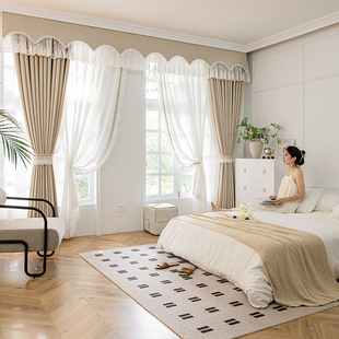 奶油风窗帘多巴胺卧室棉麻全遮光抗菌轻奢简约U侘寂风窗幔定 法式