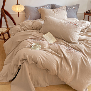 床上四件套水洗棉简约绑带款床单床笠被套200x230cm单人宿舍套件
