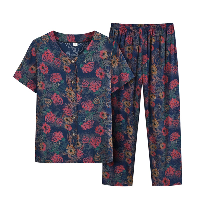 绵绸开衫睡衣女夏季纯棉短袖妈妈薄款中老年可外穿大码家居服套装