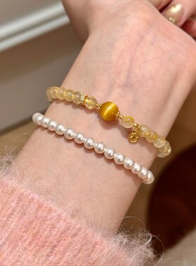 谷岚 金昭新中式天然黄水晶金发晶手串女招财转运虎眼石手链