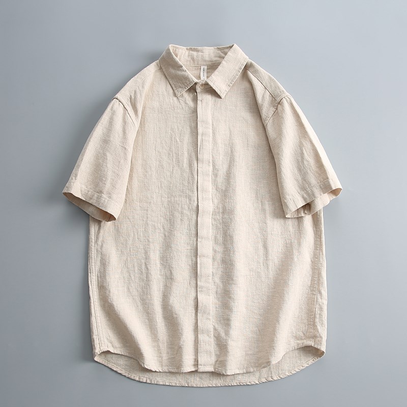 极简经典版型复古棉麻短袖衬衫男士夏季透气休闲百搭宽松翻领衬衣