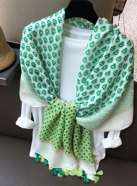 田园风绿色小碎花棉麻围巾户外旅A行拍照纱巾丝巾遮阳防晒披肩两