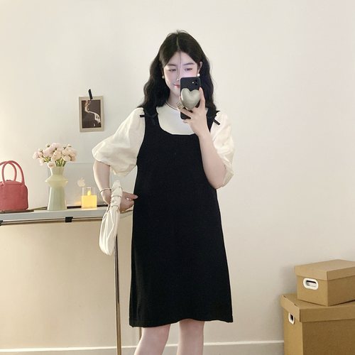 孕妇装夏装假两件拼色短袖连衣裙韩版显瘦裙子夏季洋气减龄孕妇裙