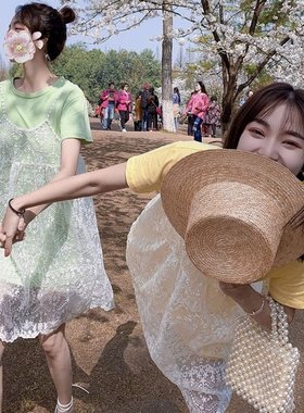 孕妇装夏套装时尚中长款洋气网纱裙E夏天遮肚吊带孕妇连衣裙两件