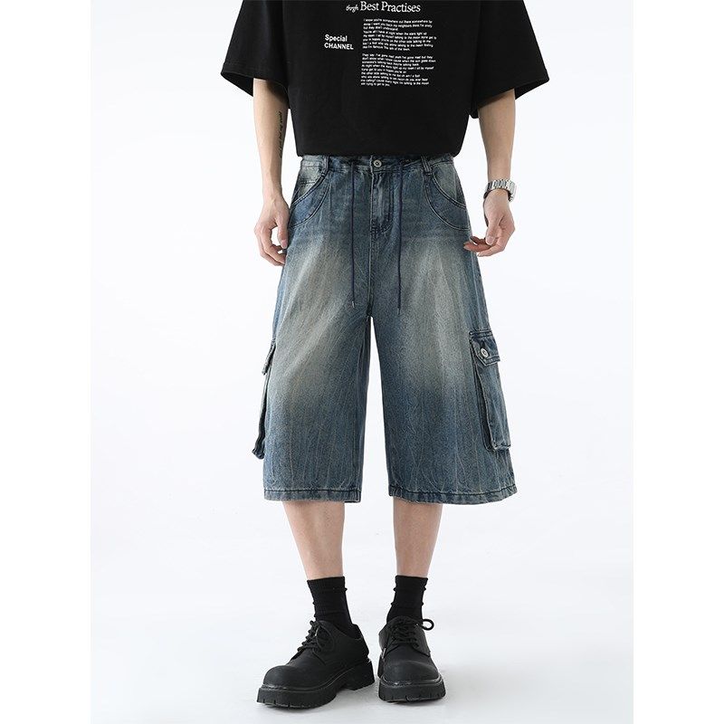 复古水洗多口袋褶皱工装牛仔短裤男生阔腿设计宽松垂感七分裤青年,男装,牛仔裤,淘宝优惠券,粉丝福利购,淘宝优惠卷