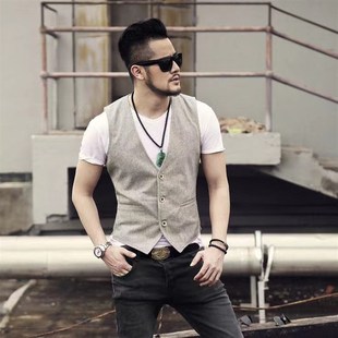 纯色背心男薄款 马夹大码 亚麻修身 休闲西装 三粒扣马甲复古男士 夏季