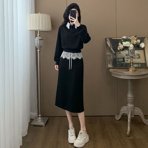 高级感超好看休闲卫衣裙套装女春季蕾丝拼接长袖半身裙减龄两件套