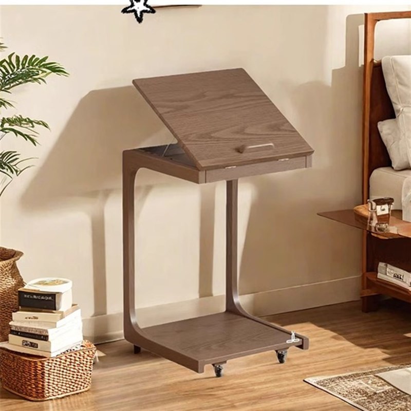 实木沙发边几可移动角几床头带轮子书桌客厅边柜C型茶几储物翻盖
