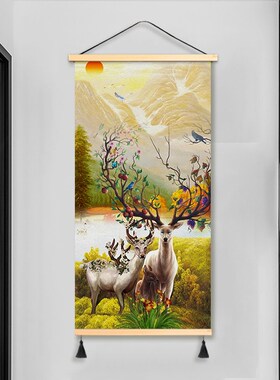 招财鹿进门玄关饰画布画墙画免打布艺挂画超大挂布遮挡背景布