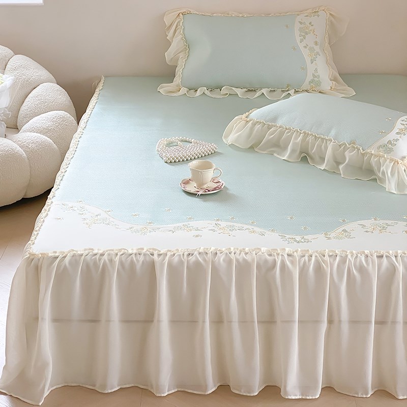 夏季冰丝凉席三件可水洗少女心公主风刺绣小清新空调软席床裙款