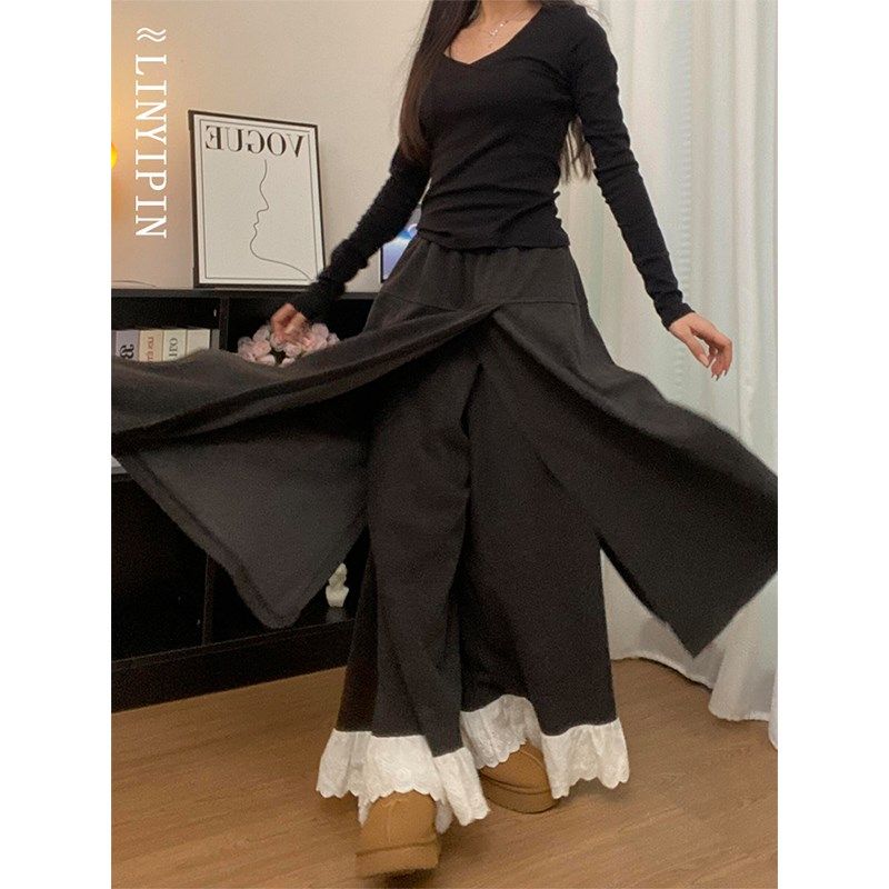 韩系设计感拼接蕾丝花边阔腿裙裤女春季大码胖mm遮胯藏肉休闲裤子,女装/女士精品,大码裤装,淘宝优惠券,粉丝福利购,淘宝优惠卷