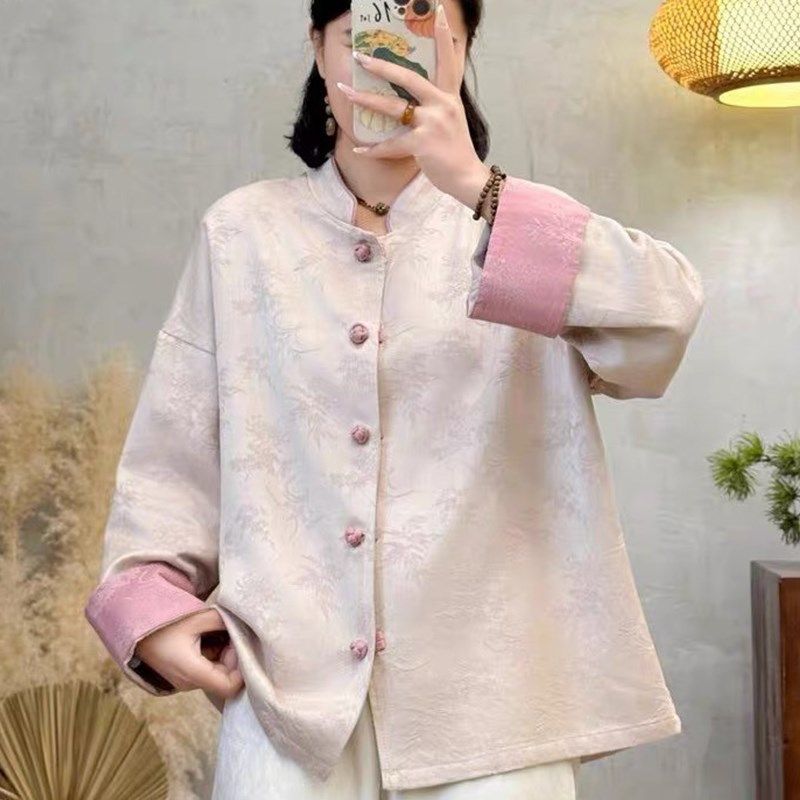复古棉麻提花拼色大码外套女春新款文艺中式立领盘扣国风上衣,女装/女士精品,短外套,淘宝优惠券,粉丝福利购,淘宝优惠卷