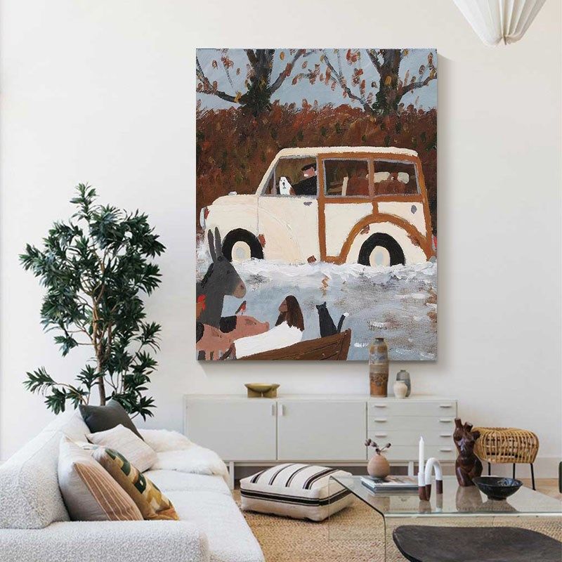 侘寂风抽象d肌理客厅装饰画小车动物毛驴手绘油画小众艺术玄关挂