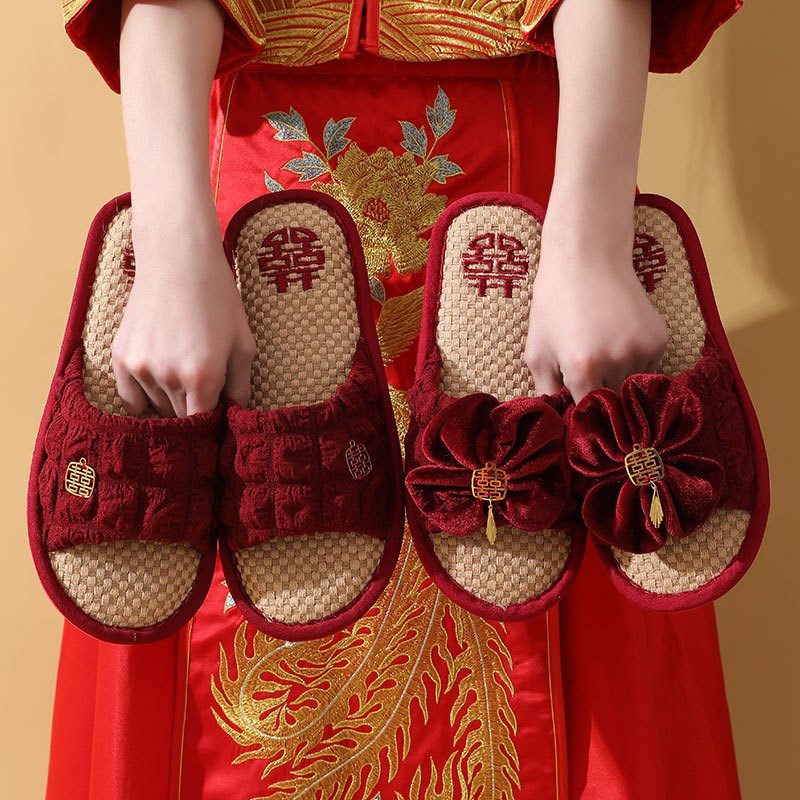 亚麻婚庆拖鞋结婚一对红色喜庆室内防滑H居家婚礼新娘新郎陪嫁拖