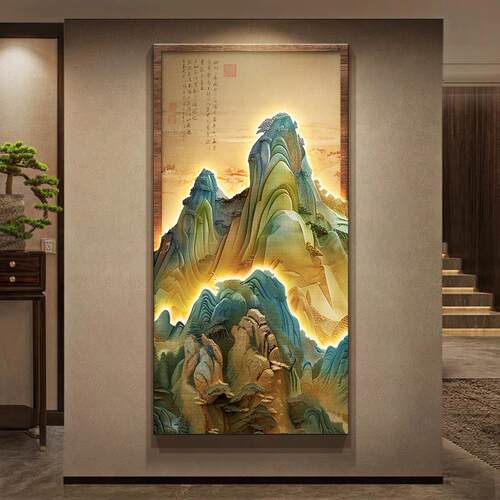 千里江山图玄关装饰画新中式挂画竖版山水画宋代美学入户门壁画灯