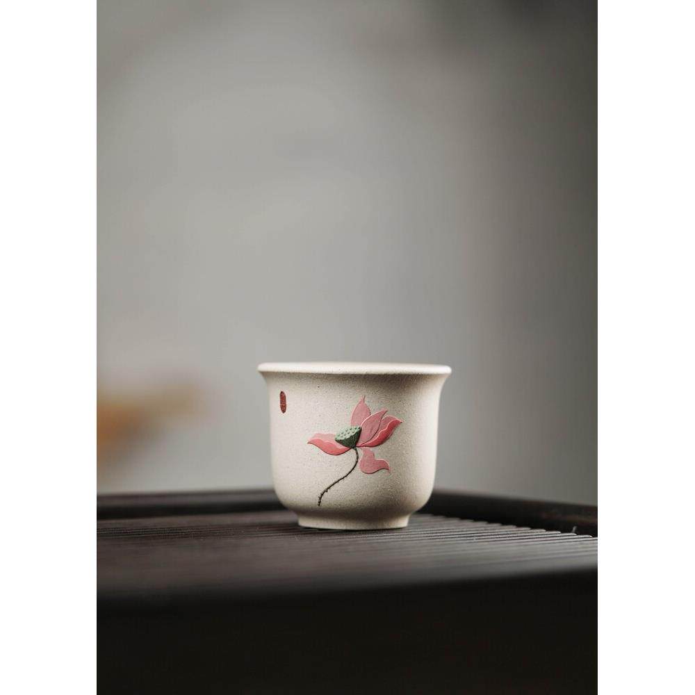 壶途站宜兴原矿紫砂手工手绘莲花马蹄杯铃铛杯陶瓷主人杯白段对杯