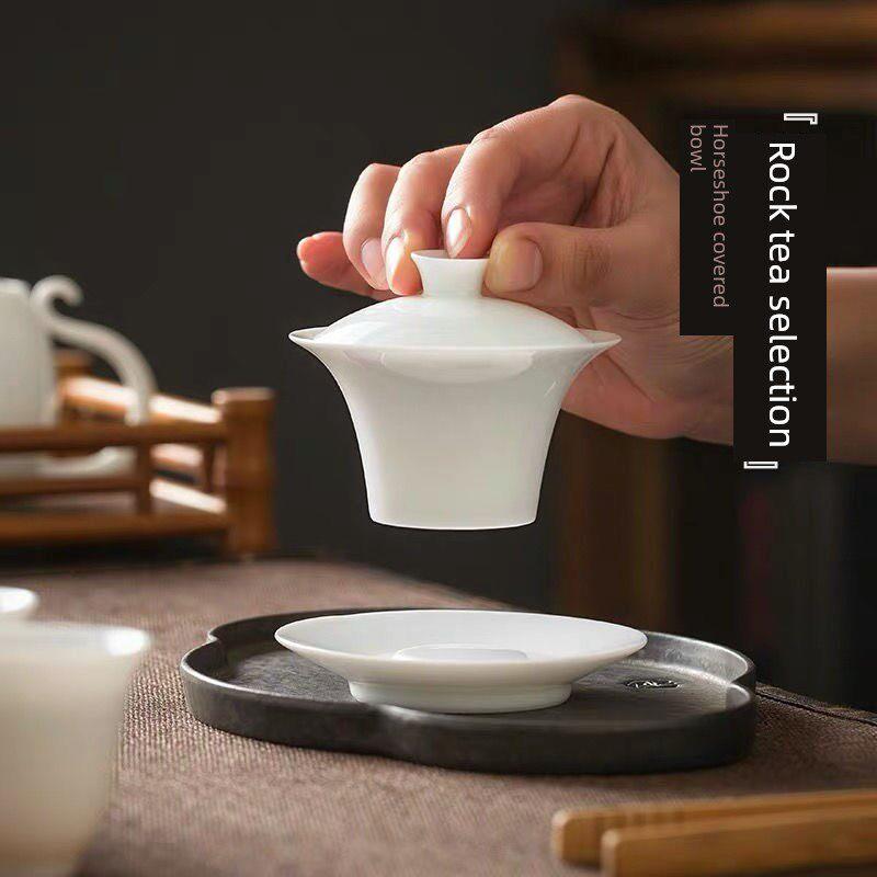 薄胎白瓷盖碗德化陶瓷功夫茶具家用防烫手泡茶碗纯白马蹄三才茶碗