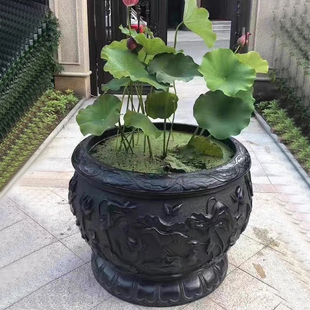 青石盆鱼缸仿古石雕荷鱼圆缸庭院大石缸石头水缸中式 石盆水景