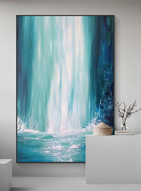 客厅蓝色抽象瀑布肌理画玄关流水生财纯手绘油画书房饭厅装饰挂画