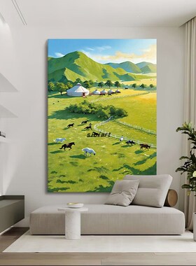 绿色草原风景纯手绘油画大芬村装饰画骏马客厅玄关卧室田园风挂画