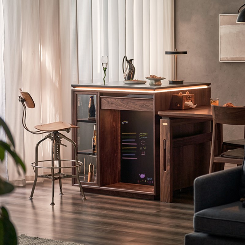 实木餐厅家用岛台小户型客厅黑胡桃木餐边柜餐桌备餐操作台料理台