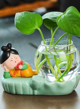 唐仕女家居装饰客厅小绿萝水培盆器皿瓶插创意器