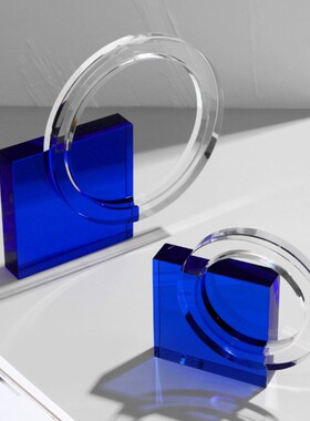 创意圆环门型书挡莱因蓝色水晶样板房现代书挡书房桌面几何