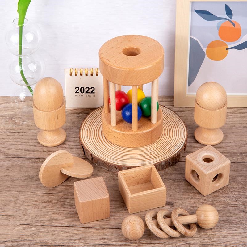 婴幼儿安抚抓握手握木质摇铃宝宝磨牙互动榉木益智玩具早教形状