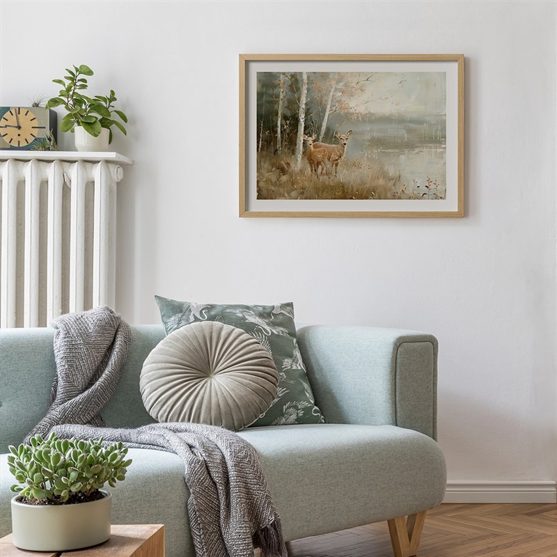 湖畔小鹿客厅卧室沙发动物风景自然治愈系装饰画挂画艺术油画壁画图片