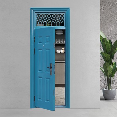 防盗门钢质带气窗通风防盗门进户工程学校宿舍门蓝灰色入户门库存