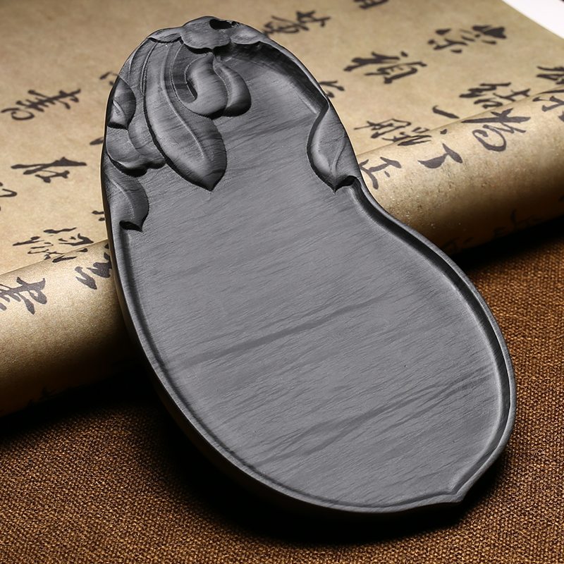 非遗歙砚6寸《莲花砚》 手工带盖砚台天然原石黑龙尾端砚文房四宝