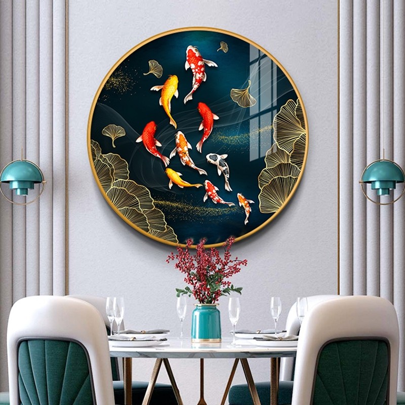 九鱼图入户玄关装饰画轻奢进门客厅挂画走廊过道餐厅圆形晶瓷聚财图片