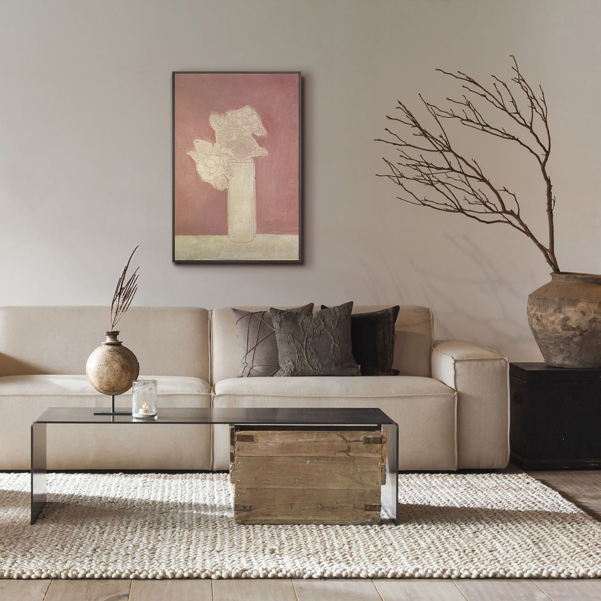 手绘SANY常玉装饰画粉色花朵无框诧寂风花瓶静物油画玄关入户摆画