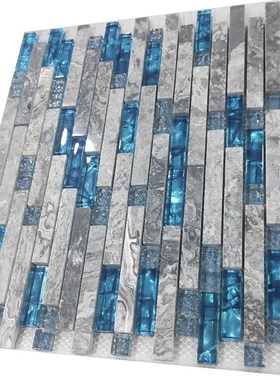 地中海蓝灰色大理石纹长短条马赛克水晶玻璃客玄关电视背景墙