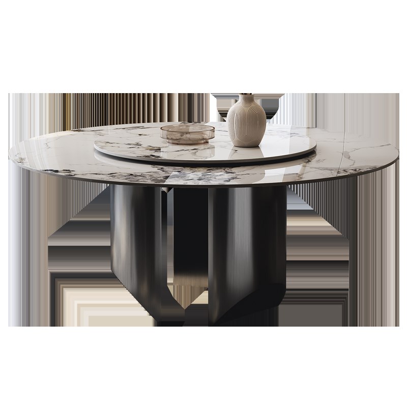 圆形餐桌椅组合亮光岩板10人餐台现代家用大理石圆桌定制高端饭桌
