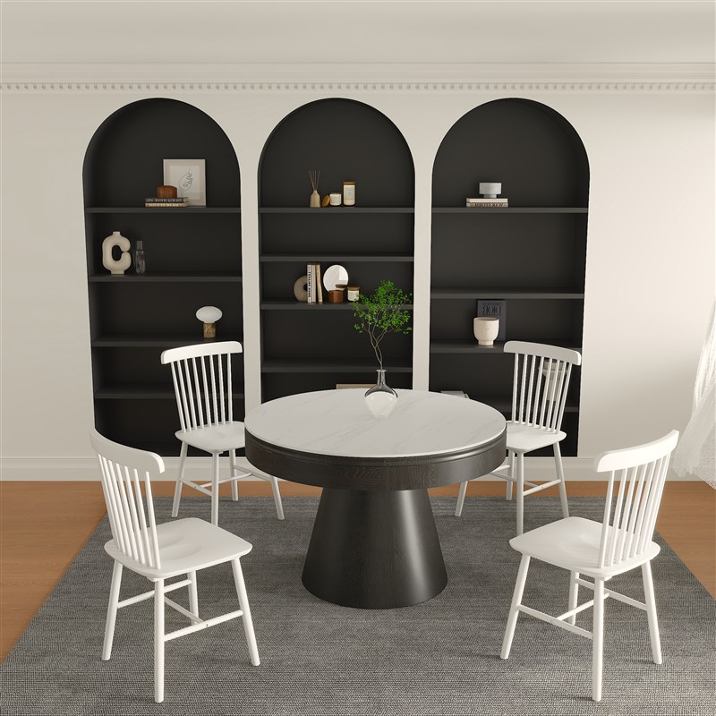 意式现代风格岩板转盘实木圆桌旋转伸缩变径餐桌省空间小户型餐厅