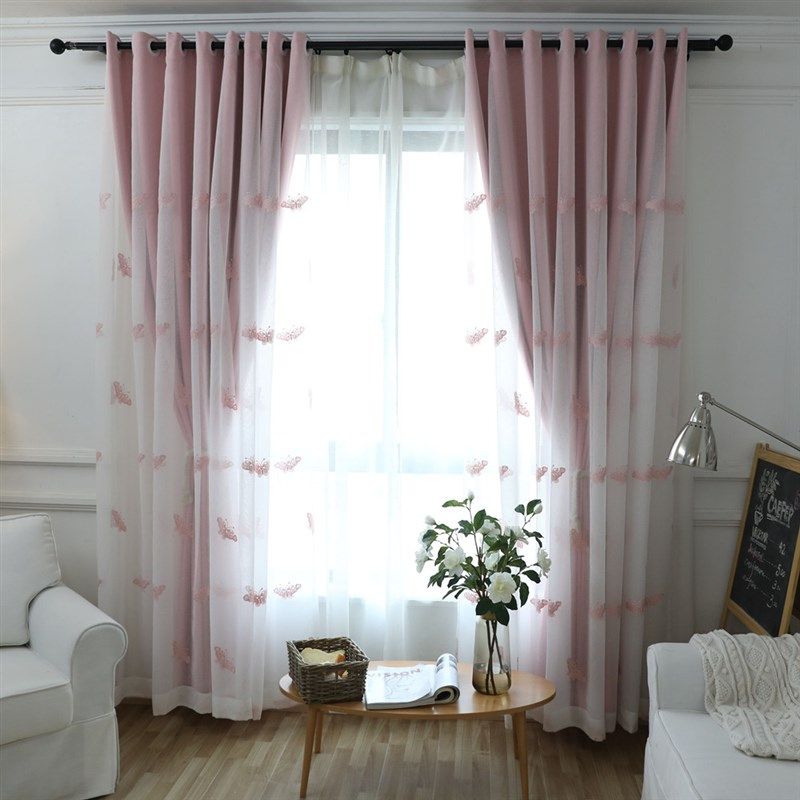 韩式公风绣蝴蝶窗纱粉色全遮光布一体式窗帘卧室飘窗成品定制