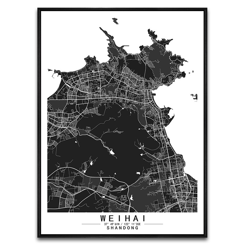 山东威海城市地图挂画彩色色块简欧客厅背景装饰画玄关创意艺术画图片