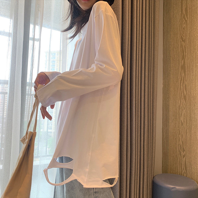 白色长袖t恤女纯棉外穿上衣下摆破洞洋气卫衣内搭宽松打底衫圆领