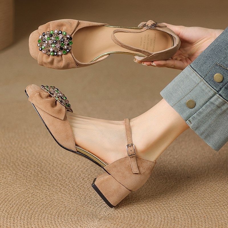 法式真皮平底包头凉鞋女2025新款夏季仙女风方头水钻扣带中空单鞋,女鞋,玛丽珍鞋,淘宝优惠券,粉丝福利购,淘宝优惠卷