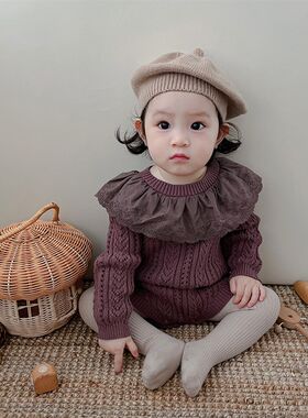韩版婴儿纯棉毛衣连身衣公主针织包屁衣套装宝宝多巴胺风洋派爬服