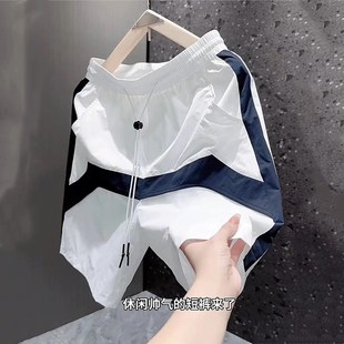 新款 宽松百搭冰丝五分裤 男士 青年潮牌时尚 男 拼接速干休闲短裤 夏季