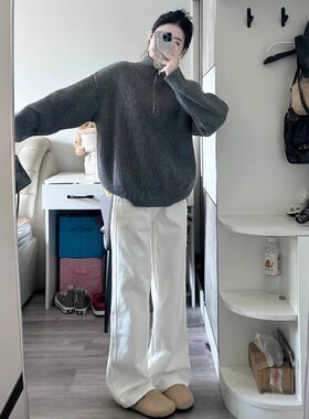 孕妇白色牛仔裤春秋款外穿宽松休闲阔腿裤时尚显瘦直筒长裤春夏装