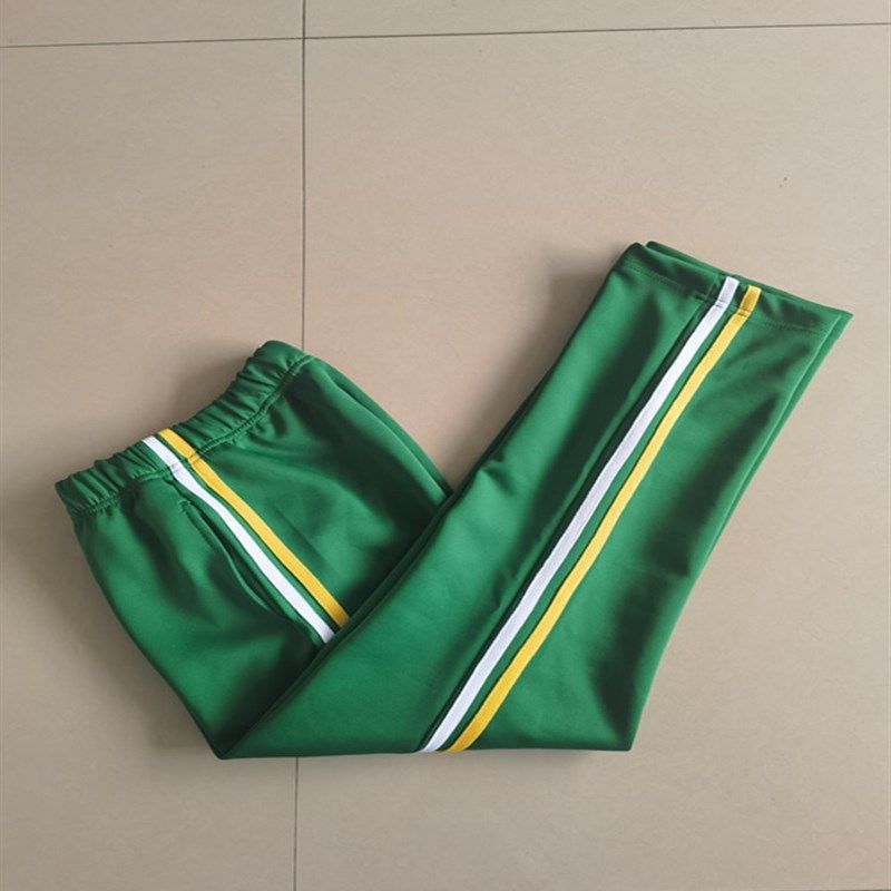 中小学生新款春秋绿色裤子拼接白杠加黄杠杠宽松直筒运动校服长裤